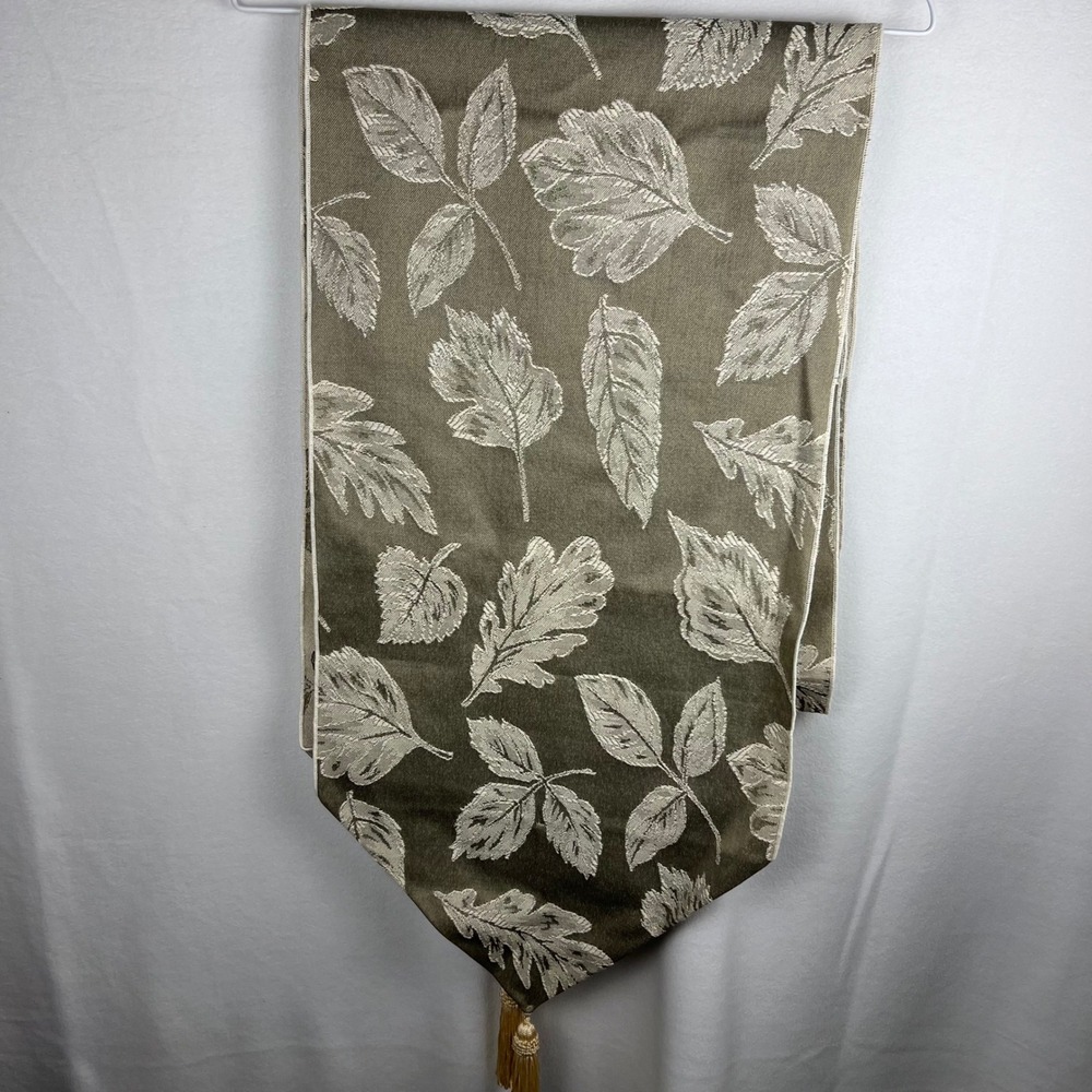 Sage Green Leaf Jacquard Table Runner with Tassels Botanical Floral Decor 88 in.